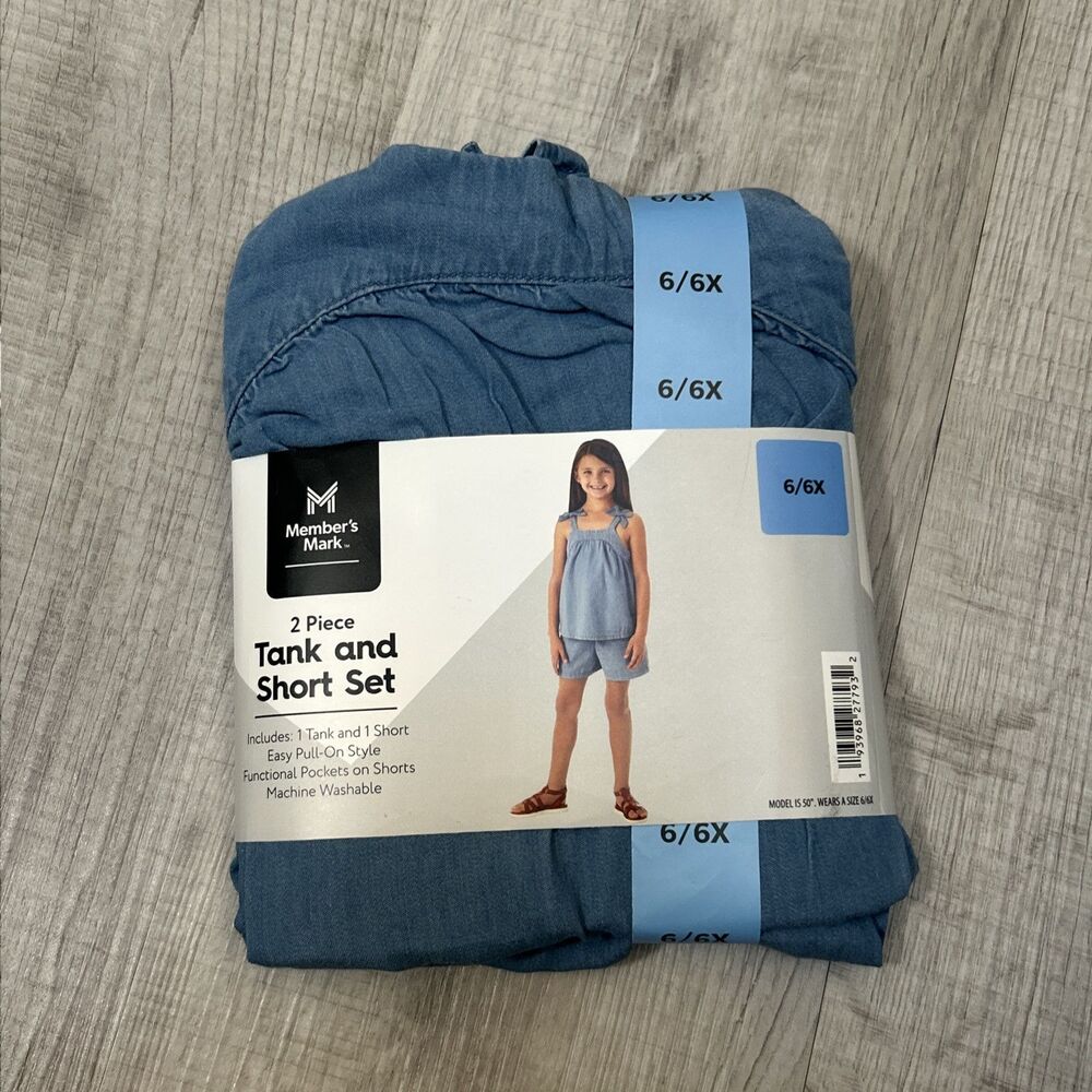 NEW Member's Mark Girl's 2 Piece Easy Pull On Tank and Short Set, Chambray